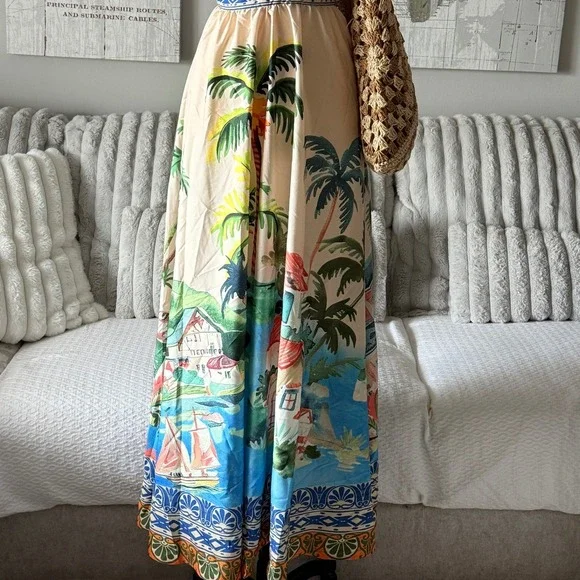 SHEIN Tropical Palm Tree Maxi Dress Halter Neck Resort Wear Size XS - Picture 2 of 7